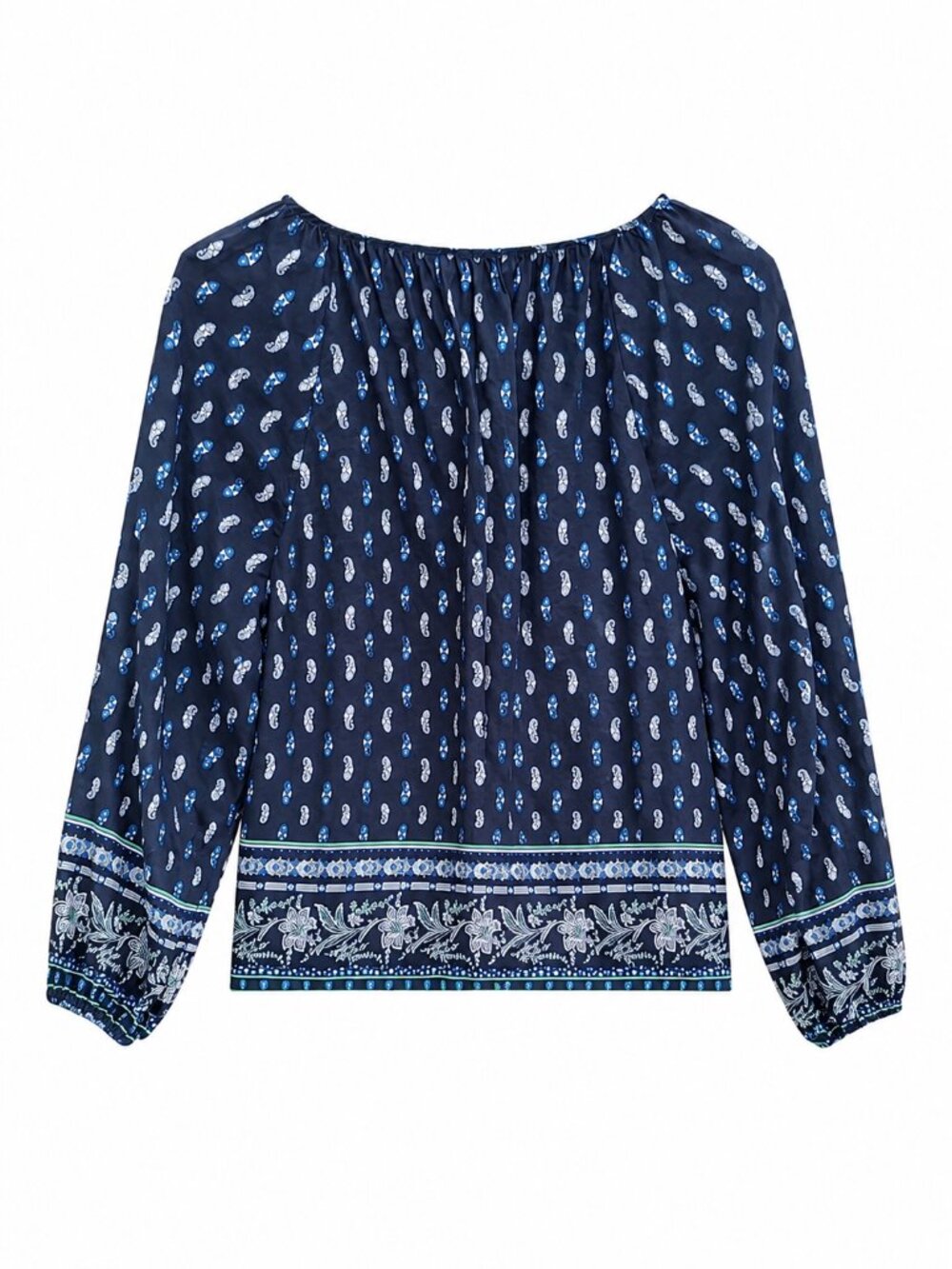 Ann Taylor Factory L Navy Paisley Border Print Boho Peasant Blouse Cotton Blend - Picture 3 of 5